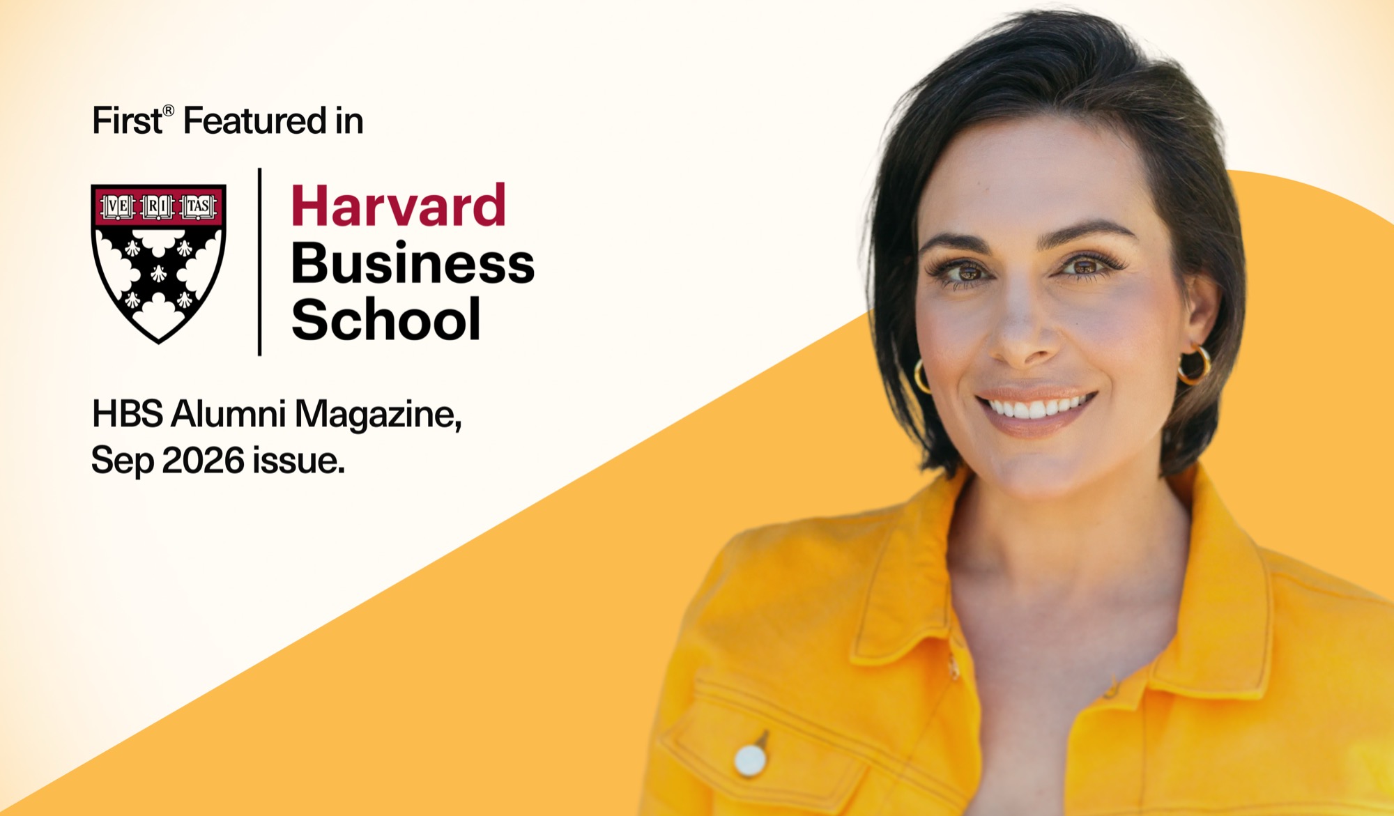 First founder and CEO Libby Leffler beside the Harvard Business School logo, with the line First featured in HBS Alumni Magazine, September 2026 issue